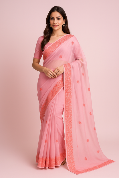 Noor Pink Organza Saree With Kashmiri Aari Embroidery