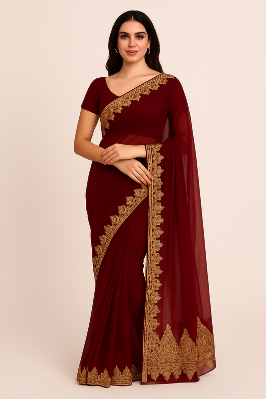 Madhuri Brown Organza Saree With Kashmiri Tilla Embroidery