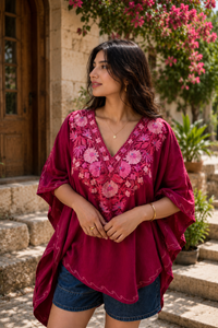 Lailaa Magenta Pink Mini Kaftan Top with Pink Aari Embroidery