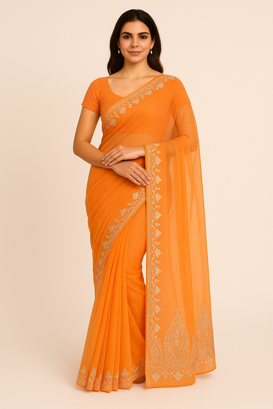 Madhuri Peach Organza Saree With Kashmiri Tilla Embroidery