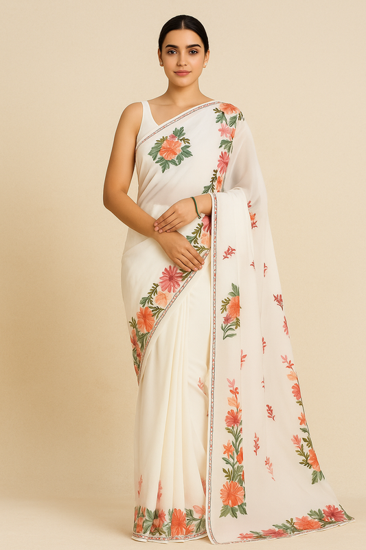 Naari White Kashmiri Aari work Saree