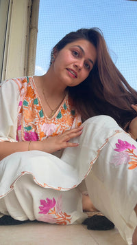 Heer White Long Aari Work Kaftan Set