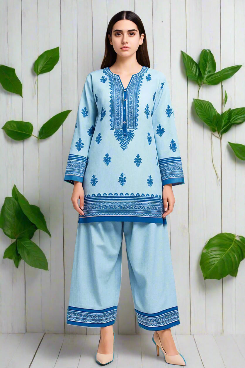 Bahar Powder Blue Linen Kurta Set for Women