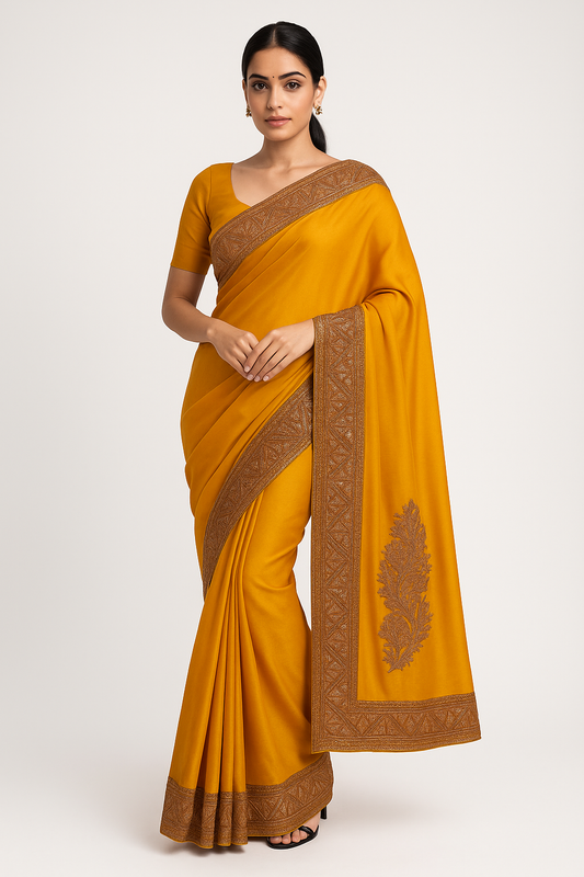 Mahren Mustard Crepe Saree With Kashmiri Tilla Embroidery