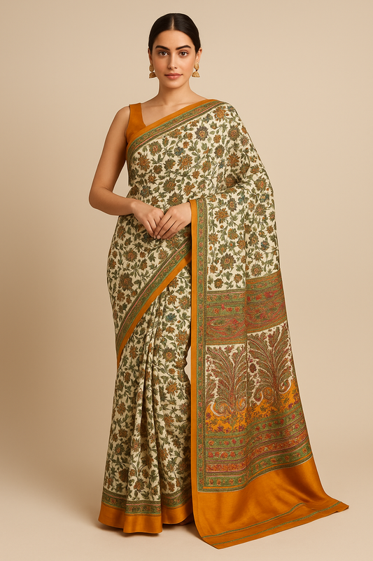 Naari Musatrd Kashmiri Silk Kalamkari Saree with Blouse
