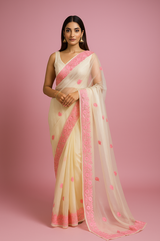Noor White Organza Saree With Kashmiri Aari Embroidery