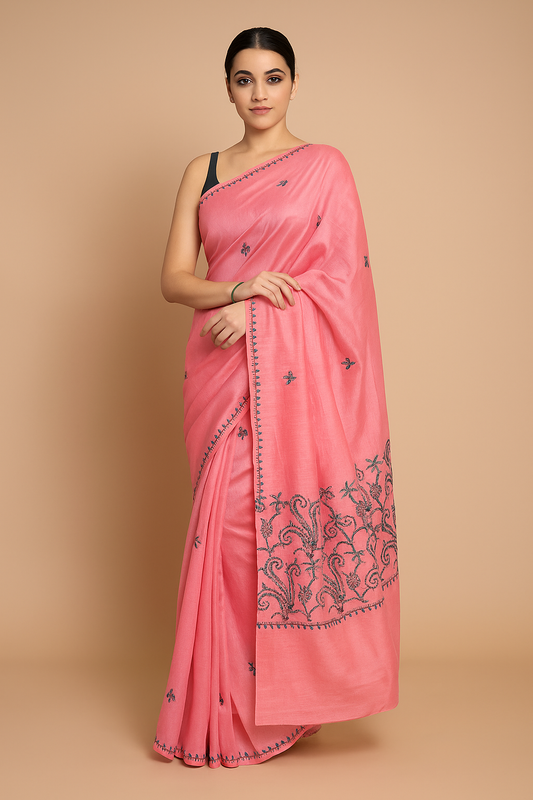 Naari Tussar Silk Pink Saree with Handmade Thread Work