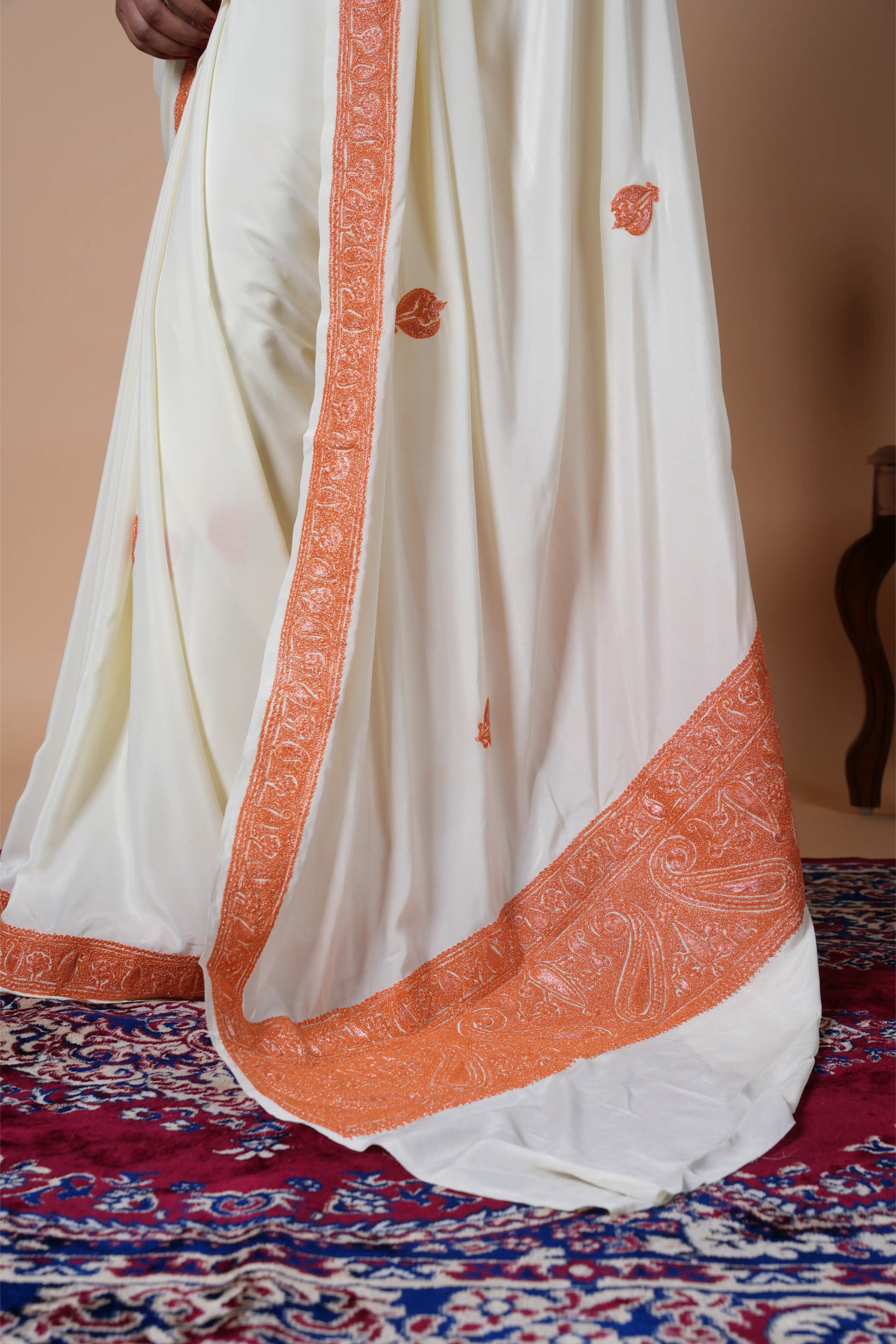 Mahren Ivory Crepe Saree With Kashmiri Tilla Embroidery