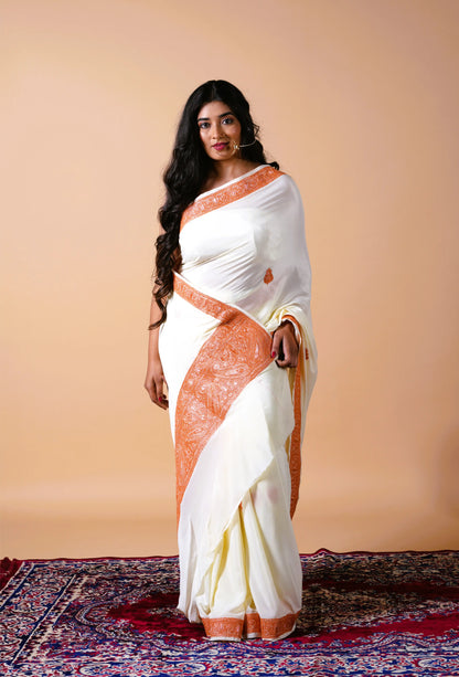 Mahren Ivory Crepe Saree With Kashmiri Tilla Embroidery