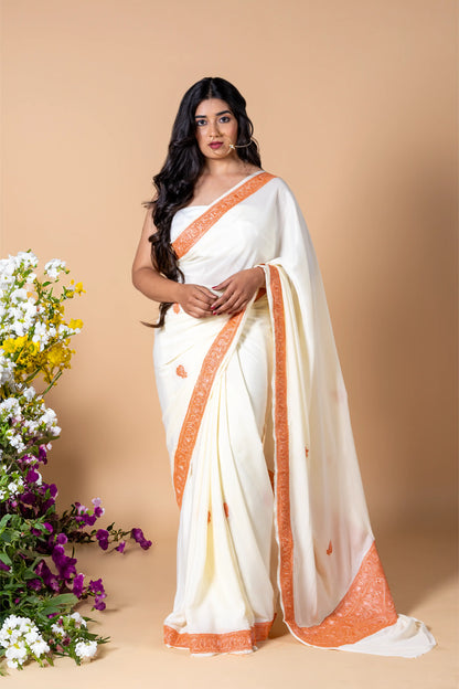 Mahren Ivory Crepe Saree With Kashmiri Tilla Embroidery