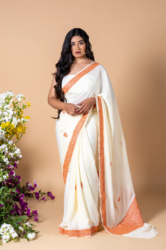 Mahren Ivory Crepe Saree With Kashmiri Tilla Embroidery