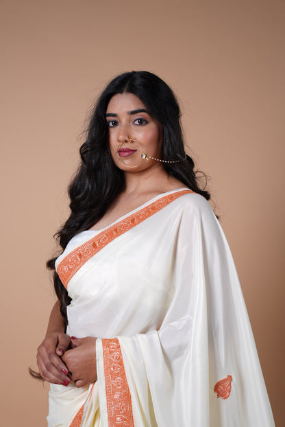 Mahren Ivory Crepe Saree With Kashmiri Tilla Embroidery