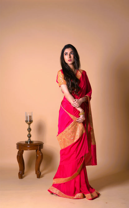 Mahren Rani Pink Crepe Saree With Kashmiri Tilla Embroidery