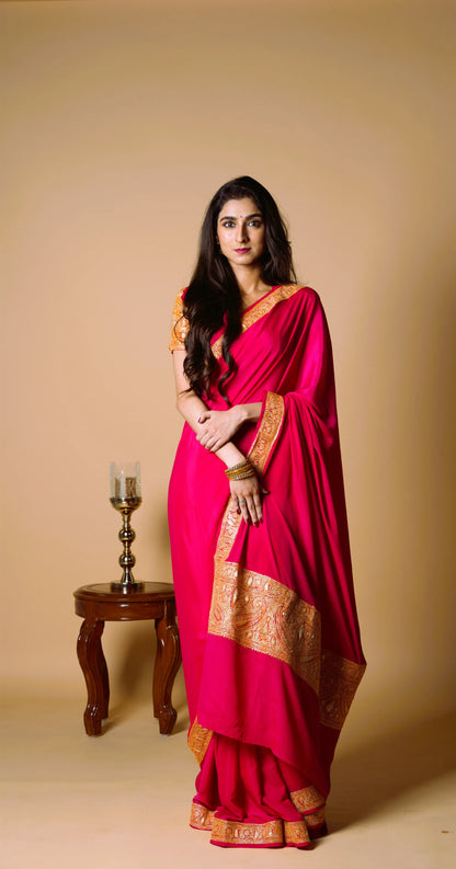 Mahren Rani Pink Crepe Saree With Kashmiri Tilla Embroidery