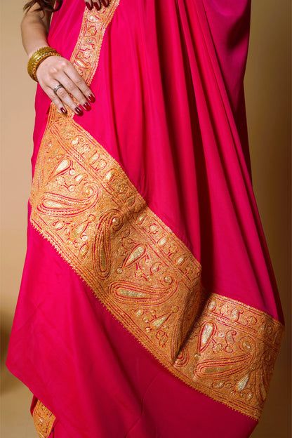 Mahren Rani Pink Crepe Saree With Kashmiri Tilla Embroidery