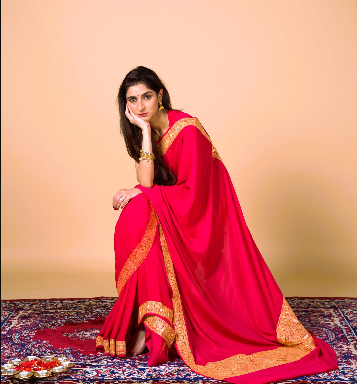 Mahren Rani Pink Crepe Saree With Kashmiri Tilla Embroidery