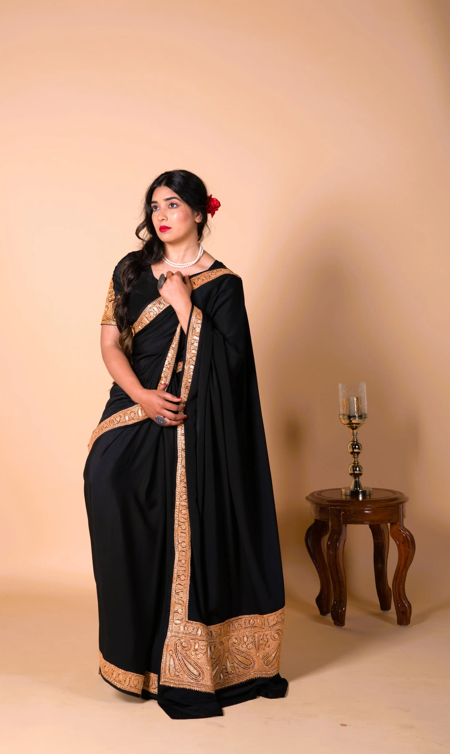 Mahren Royal Black Crepe Saree With Kashmiri Tilla Embroidery