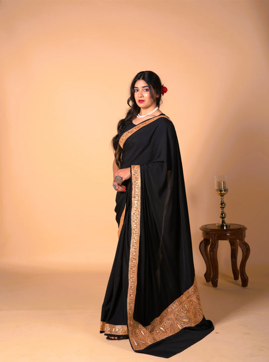 Mahren Royal Black Crepe Saree With Kashmiri Tilla Embroidery