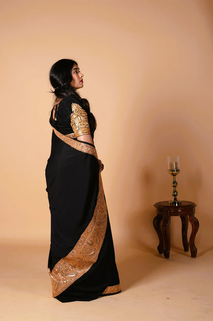 Mahren Royal Black Crepe Saree With Kashmiri Tilla Embroidery