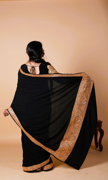 Mahren Royal Black Crepe Saree With Kashmiri Tilla Embroidery