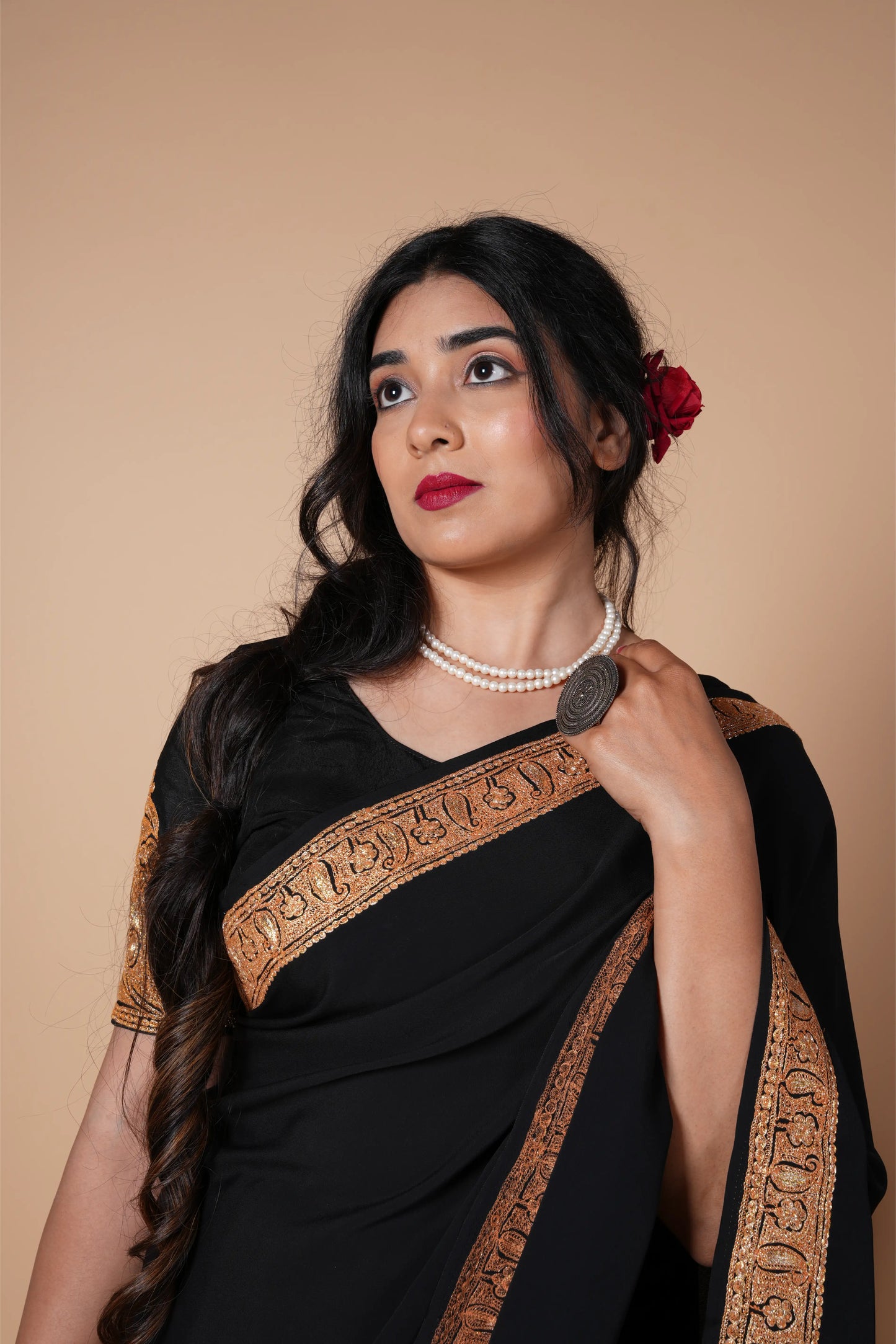 Mahren Royal Black Crepe Saree With Kashmiri Tilla Embroidery