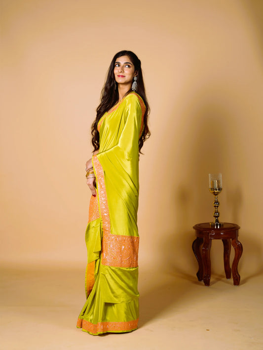 Mahren Green Crepe Saree With Kashmiri Tilla Embroidery