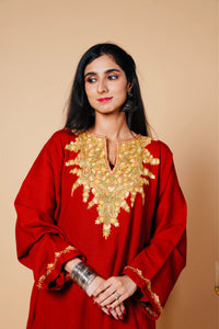 Sheen Royal Rust Maroon HandMade Aari Work Pheran