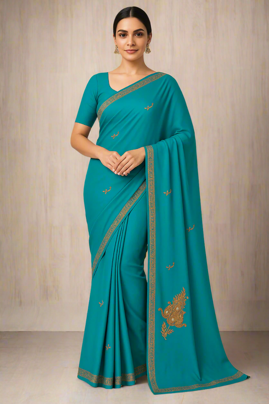 Omang Ferozi Crepe Saree with Kasmiri Tilla Embroidery