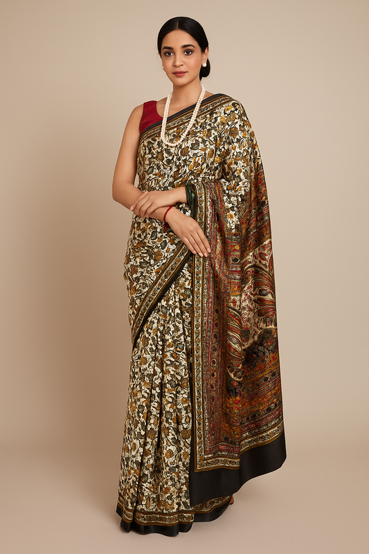 Naari Black Kashmiri Silk Kalamkari Saree with Blouse