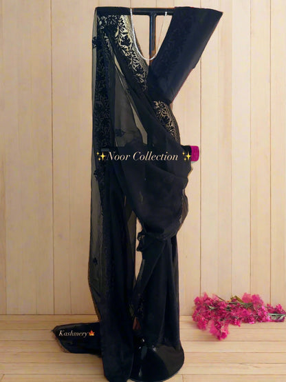 Noor Black Organza Saree With Kashmiri Aari Embroidery