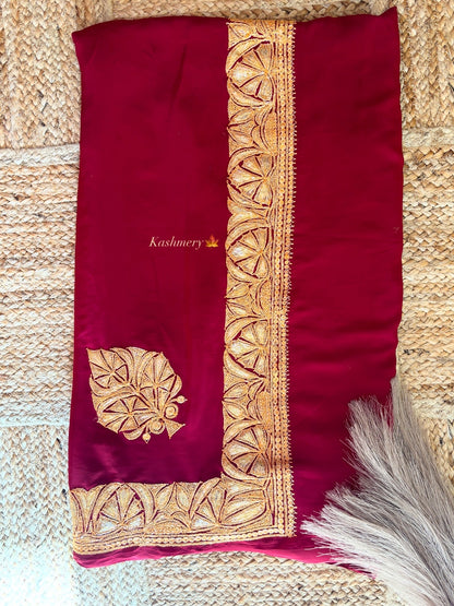 Posh Maroon Saree With Kashmiri Tilla Embroidery