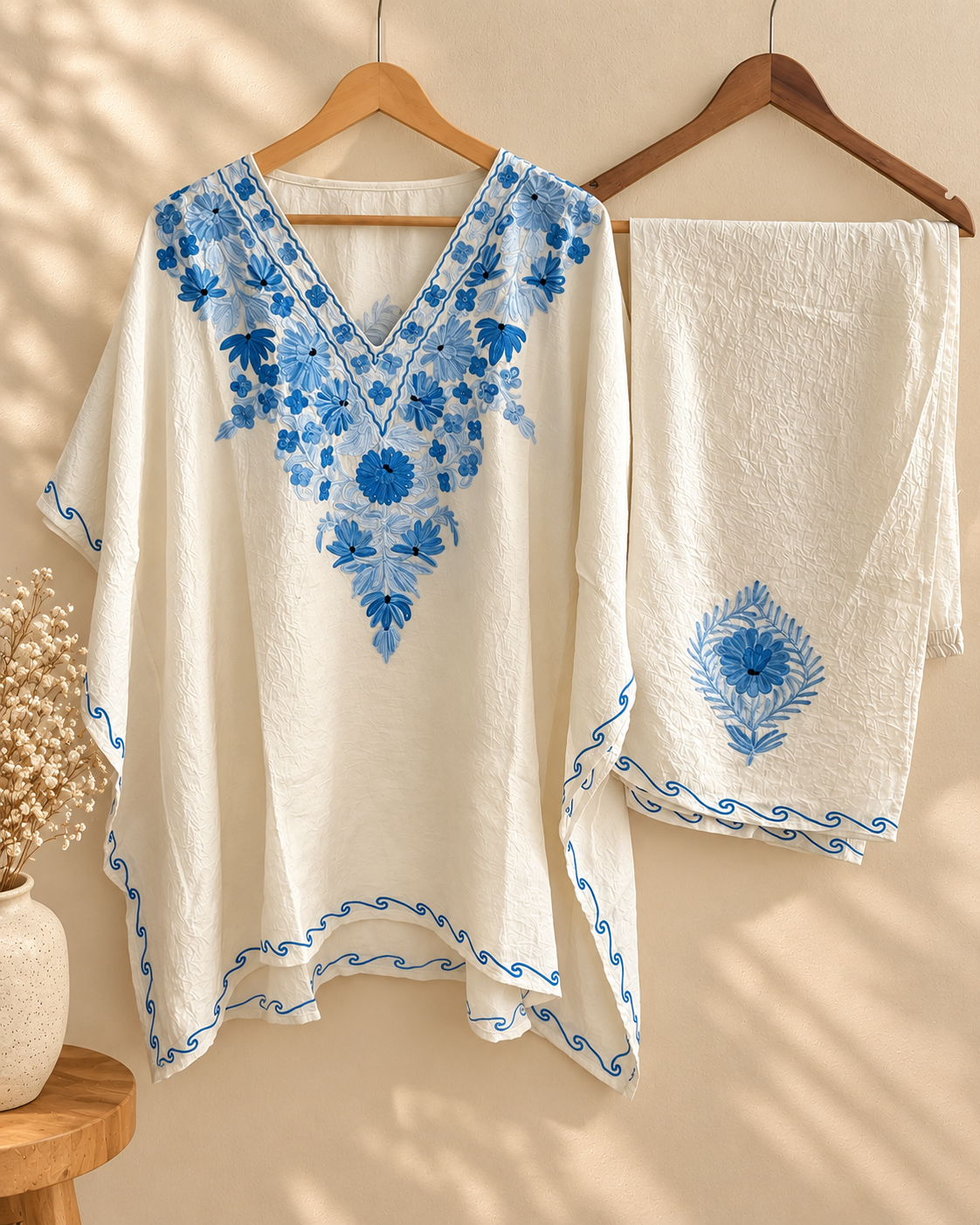 Posh White   Mini Kaftan Set with Blue Aari Embroidery