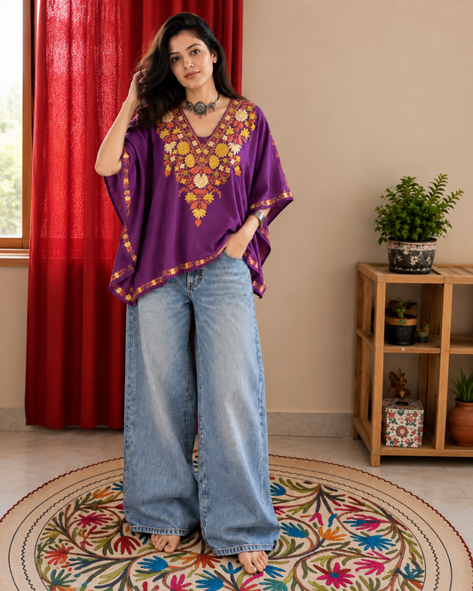 Posh Purple Mini Kaftan Top with Multi Aari Embroidery