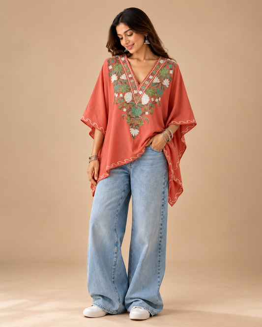 Posh Peach Mini Kaftan Top with Multi Aari Embroidery