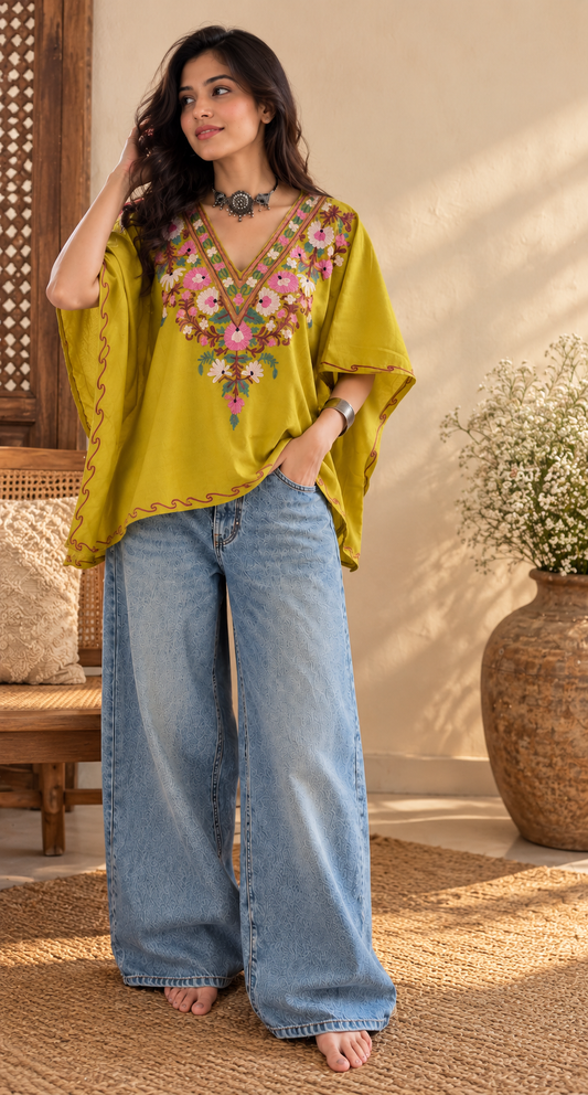 Lailaa Mustard Short Kaftan with Aari Work Embroidery
