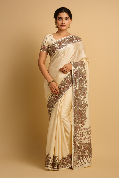 Naari Ivory Kashmiri Silk Printed Saree with Blouse