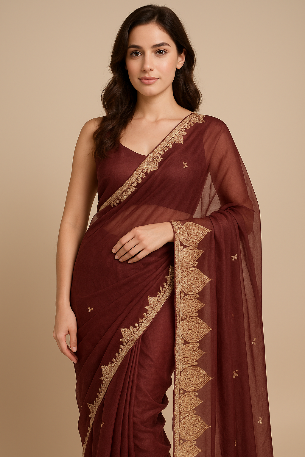 Madhuri Brown Organza Saree With Kashmiri Tilla Embroidery