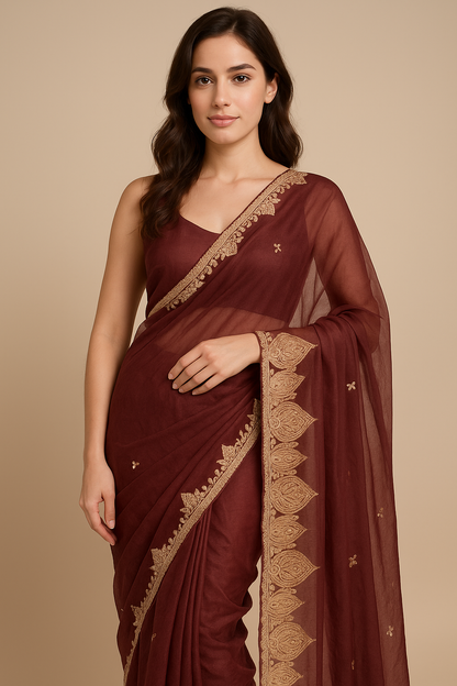 Madhuri Brown Organza Saree With Kashmiri Tilla Embroidery