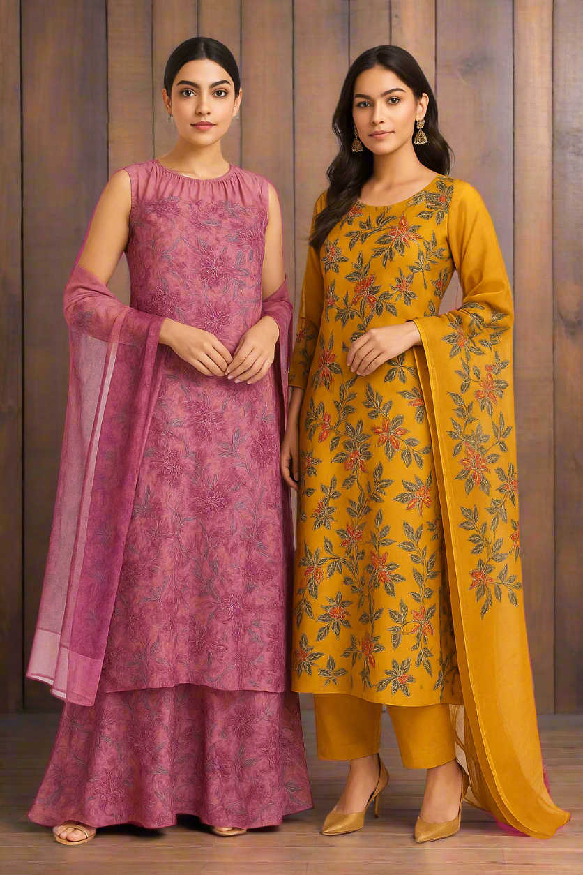 Heer Mustard Kashmiri Silk Unstiched Suit with Thread Embroidery