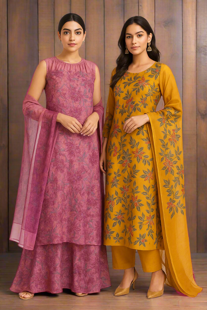 Heer Mustard Kashmiri Silk Unstiched Suit with Thread Embroidery