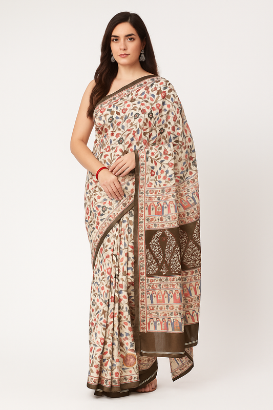 Naari Ivory Kashmiri Silk Pashmina Print  Saree with Blouse