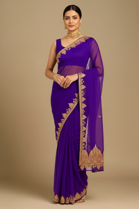 Madhuri Purple Organza Saree With Kashmiri Tilla Embroidery