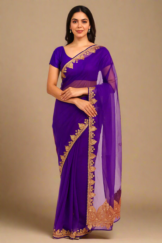 Madhuri Purple Organza Saree With Kashmiri Tilla Embroidery