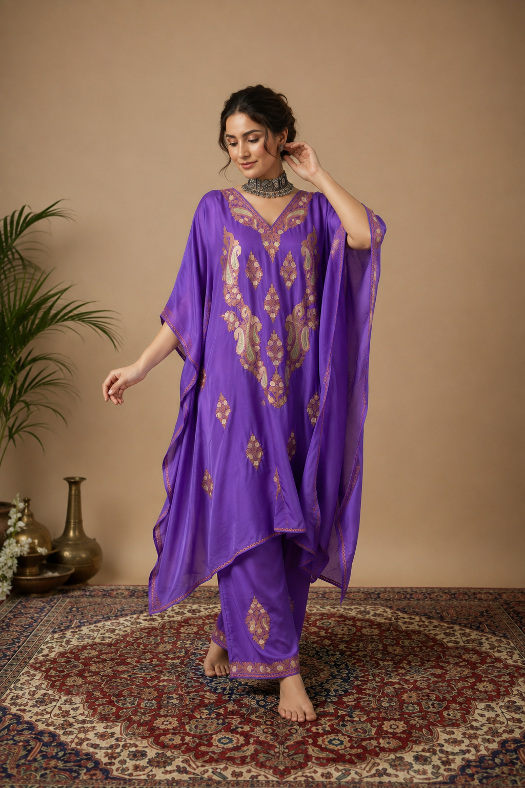 Lailaa Lavendar Silk Kaftan Set with Premium Embroidery
