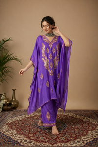 Lailaa Lavendar Silk Kaftan Set with Premium Embroidery