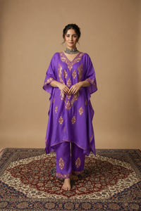 Lailaa Lavendar Silk Kaftan Set with Premium Embroidery