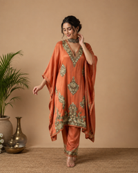 Lailaa Rust Orange Silk Kaftan Set with Premium Embroidery
