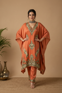 Lailaa Rust Orange Silk Kaftan Set with Premium Embroidery
