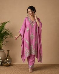 Lailaa Mauve Pink Silk Kaftan Set with Tilla-Aari Embroidery