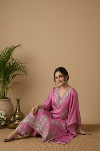 Lailaa Mauve Pink Silk Kaftan Set with Tilla-Aari Embroidery